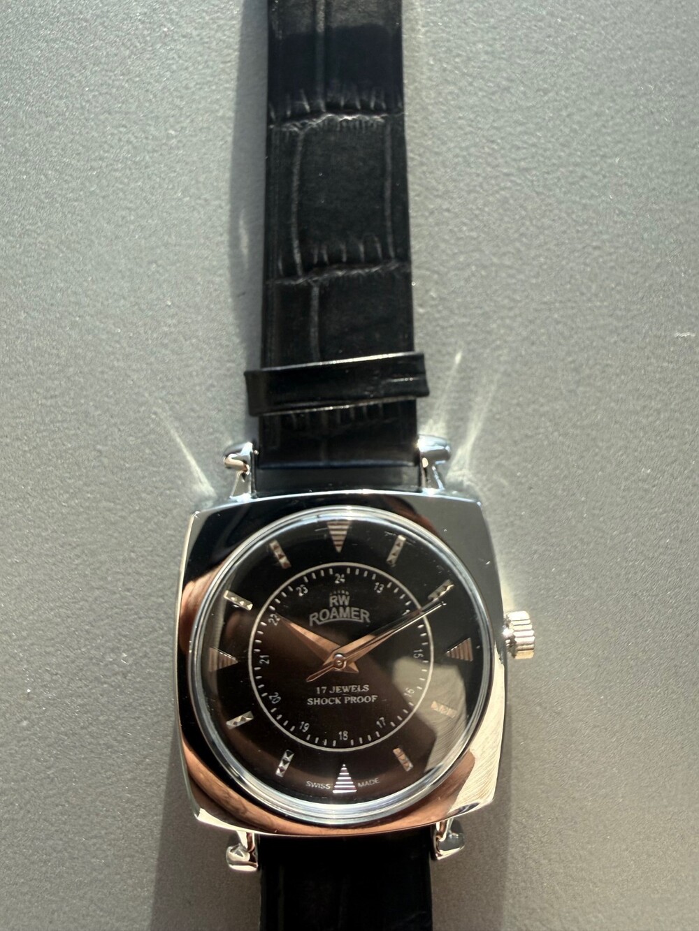 Vintage Roamer Swiss Mechanical Watch Black Dial Silver Bezel